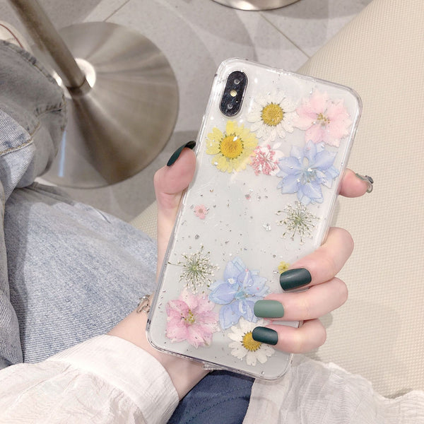 phone accessories Fashion Glitter Real Dry Pressed Flower Phone Case Transparent Silicone Cover