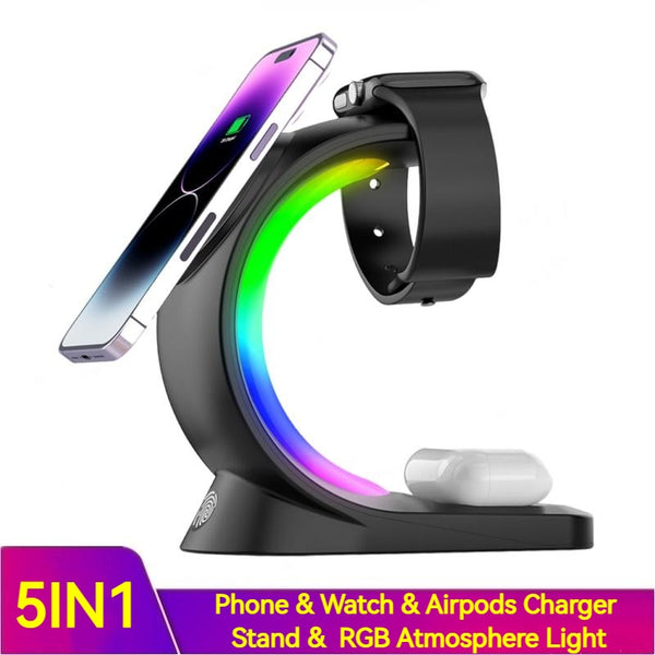 gadgets phone 3-in-1 Magnetic Wireless Charger with Atmosphere Light for Phones, Air Pods, and Apple Watch